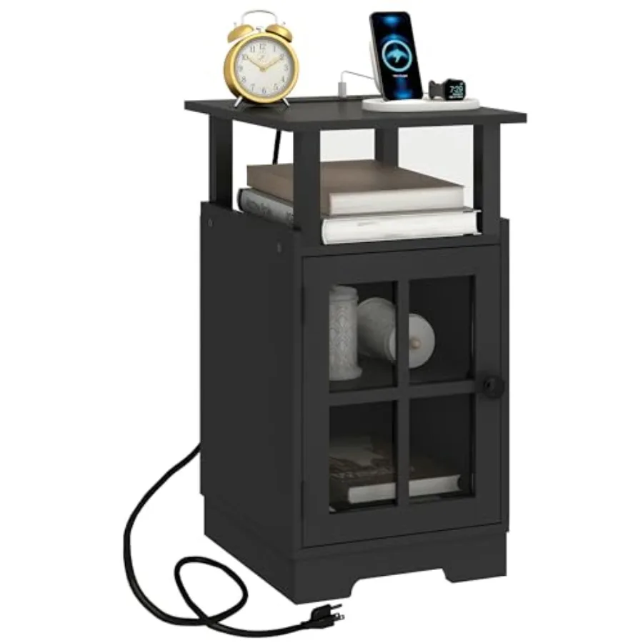 

End Table Nightstand with Charging Station USB Ports AC Outlets Wooden Bedside Table with Drawer Storage for Bedroom or Living
