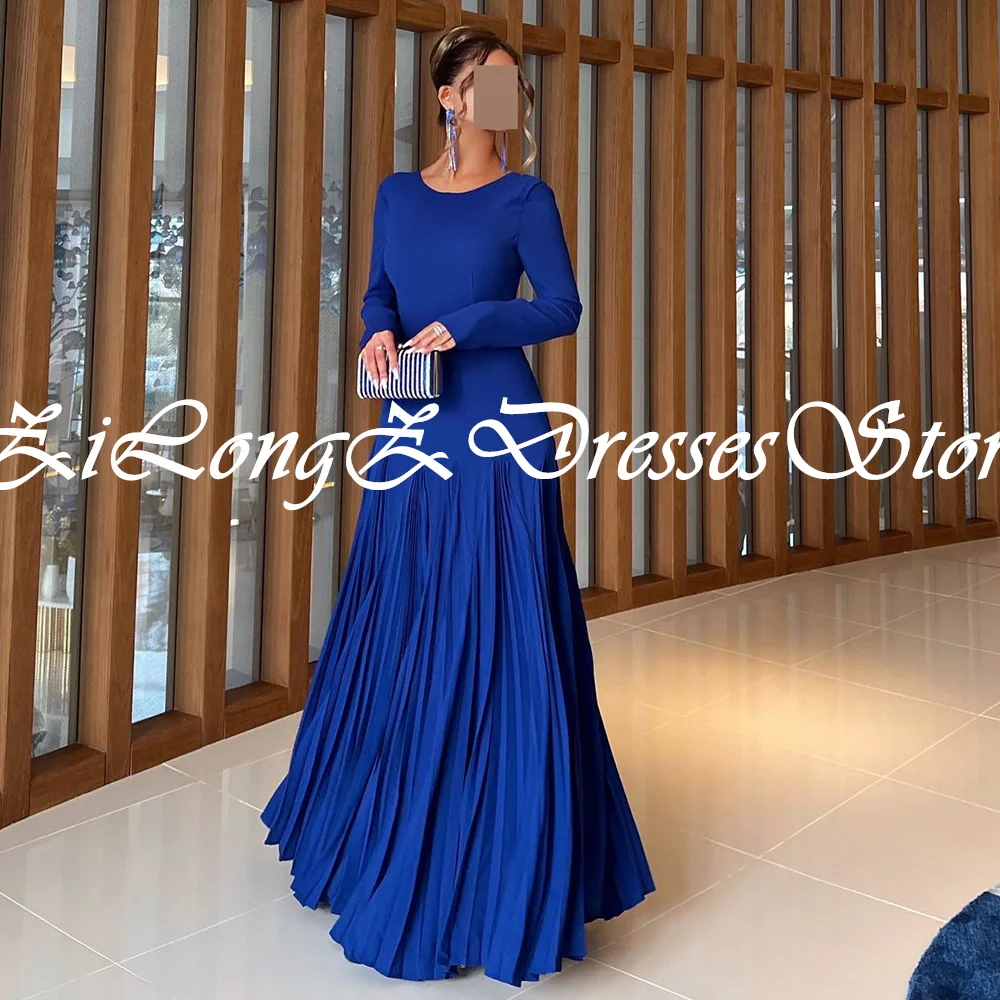 Classic Celebrity Dress Scoop Long Sleeve Zipper Back Pleats Straight Solid Blue Ankle Length Dresses For Formal Occasions