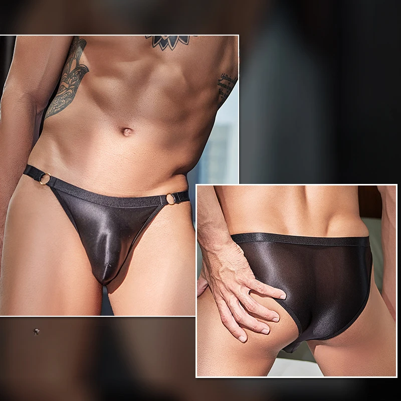 Mens Sexy Panties Muscle Temptation Thong Silky Breathable High Elastic Underwear Oil Shiny Glossy See-Through Underpants