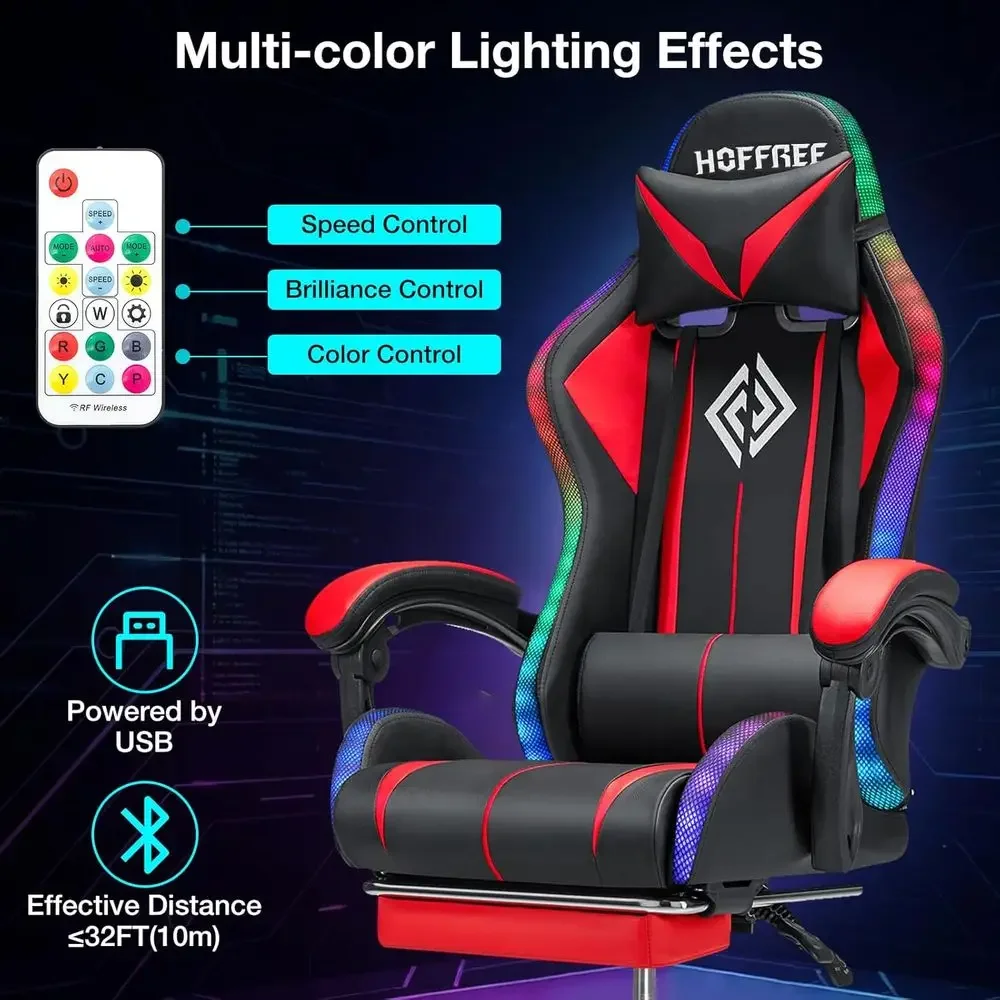 Ergonomic High-Back Gaming Chair with LED RGB Lights, Adjustable Lumbar Support and Linkage Armrests in Red and Black view 5