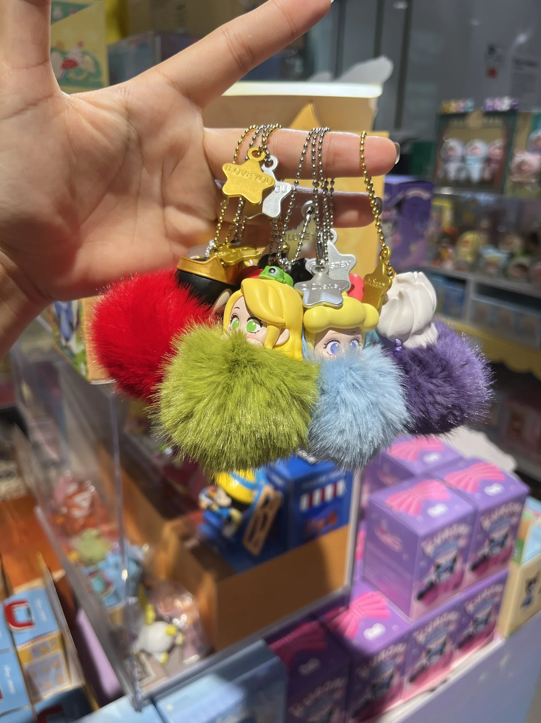 Princess Villain PomPom Series Blind Box Mini Figure Cute Fluffy Keychain Kawaii Bag Charm Gift For Girls Collection