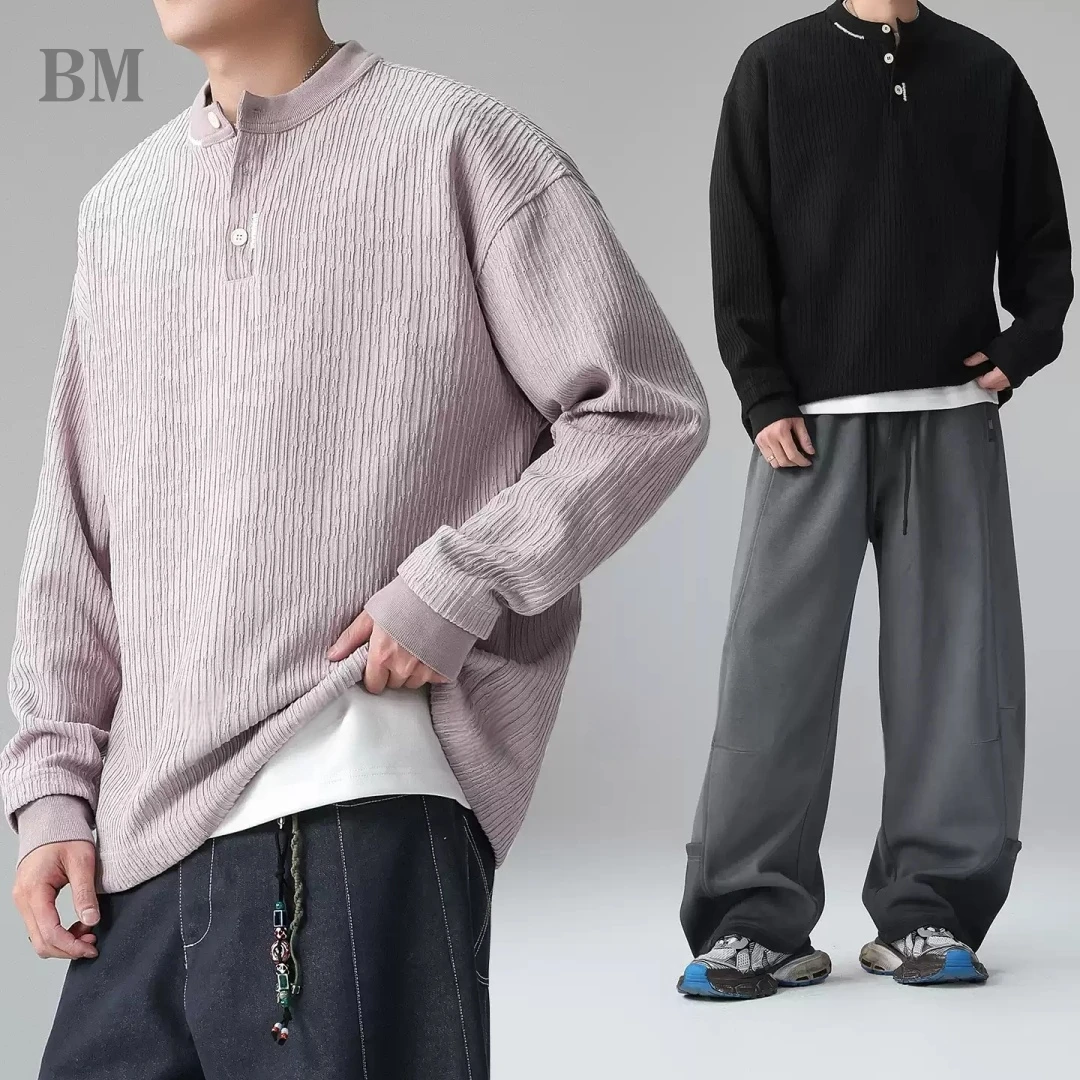 

Mens American Vintage Henley Neck Long Sleeve Sweatshirt Oversized Drop Shoulder Pullover Spring Casual Streetwear Plus Size 6XL