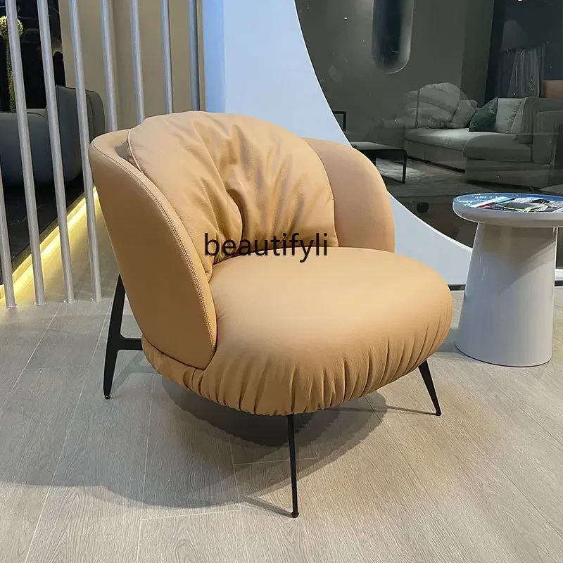 LXCouch Genuine Leather Lazy Bone Chair Single Leisure Chair Reception Chair First Layer Cowhide Stainless Steel Simple ModernSS