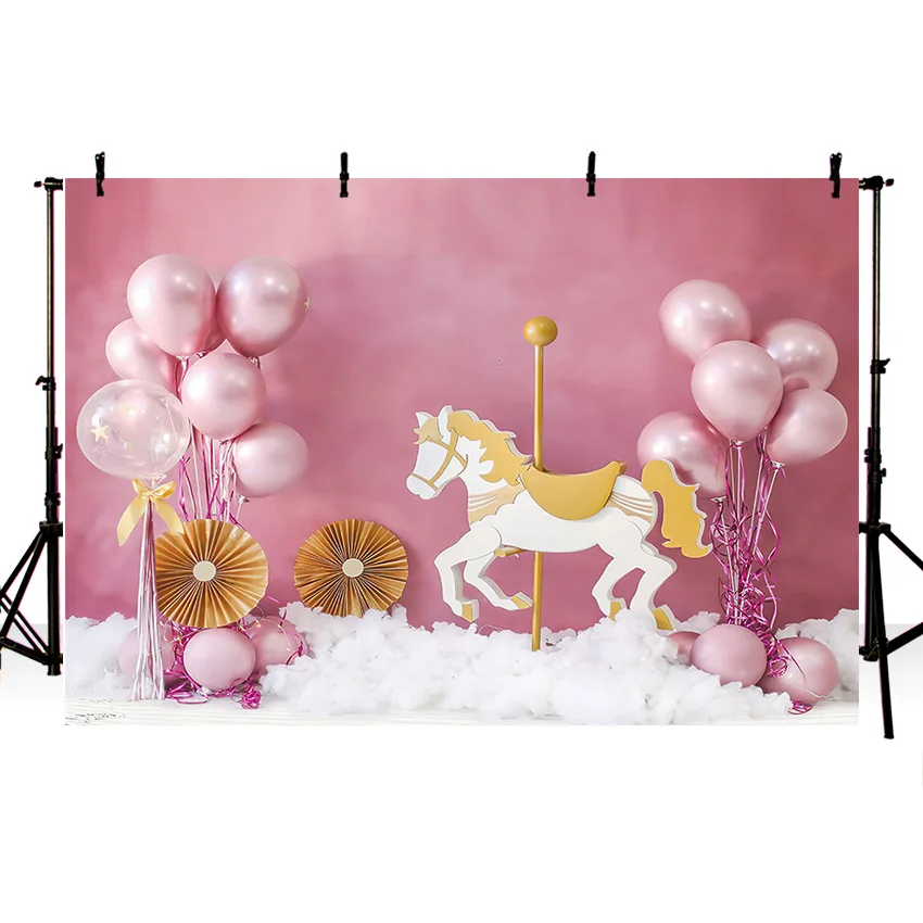 Mehofond การถ่ายภาพพื้นหลังบอลลูนสีชมพู Carousel เจ้าหญิง1st วันเกิดเค้ก Smash Decor ฉากหลัง Photo Studio