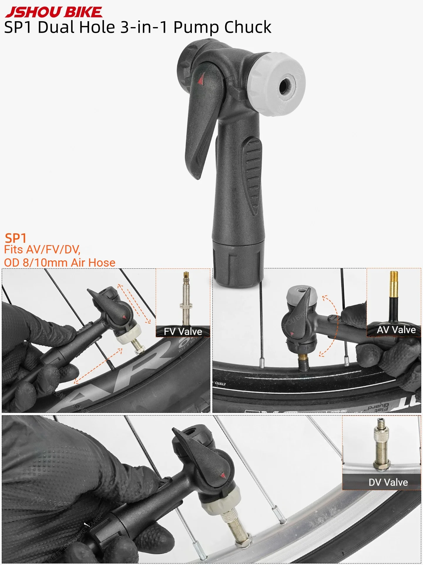JSHOUBIKE Universal Bike Inflator Adapter W/High Pressure Extension Hose, SP1 Dual Hole Head FV/AV/DV, Fits Manual & Electric Pu