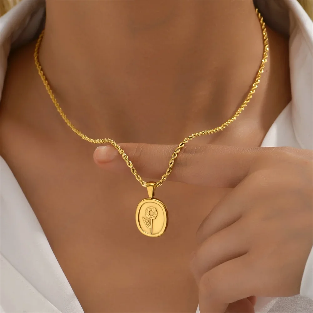 Vintage Gold Plated Twist Chain Mirror Sunflower Coin Pendant Necklace For Women Female Girl Fashion Boho Simple Jewelry Gift