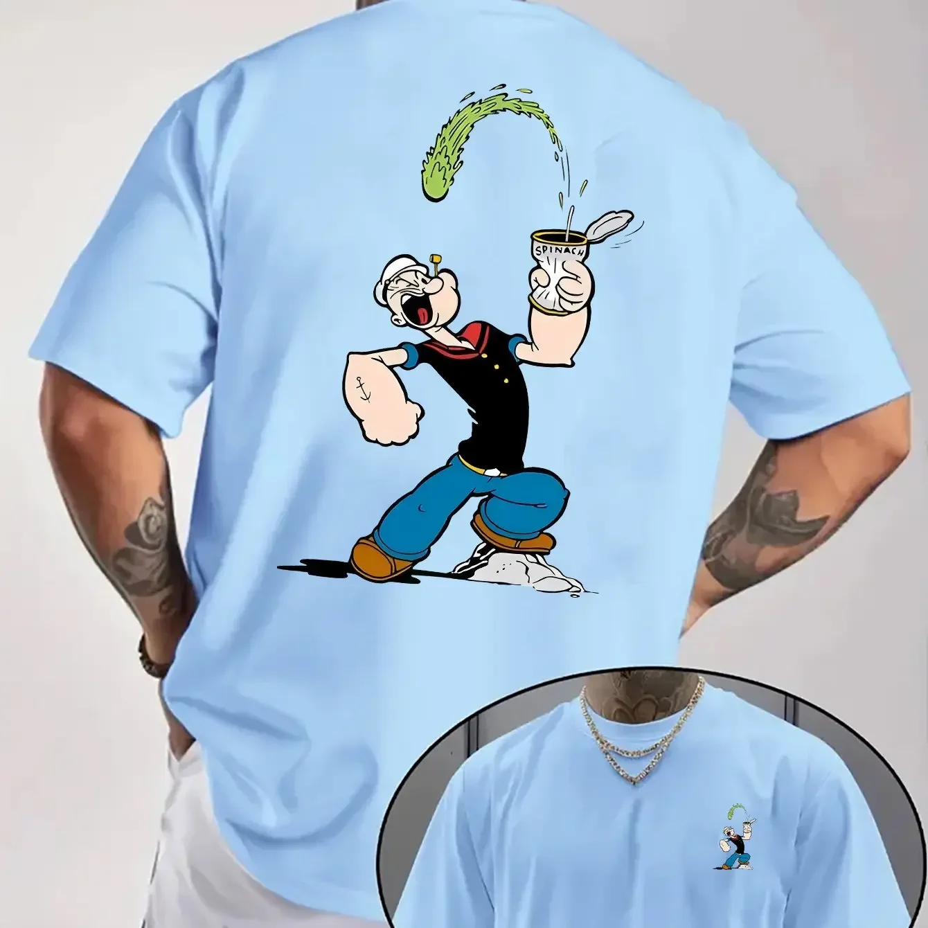 Camiseta casual con estampado de dibujos animados clásico Popeye Eating Spinach para hombre - Camiseta de manga corta de verano de ajuste regular beige claro,