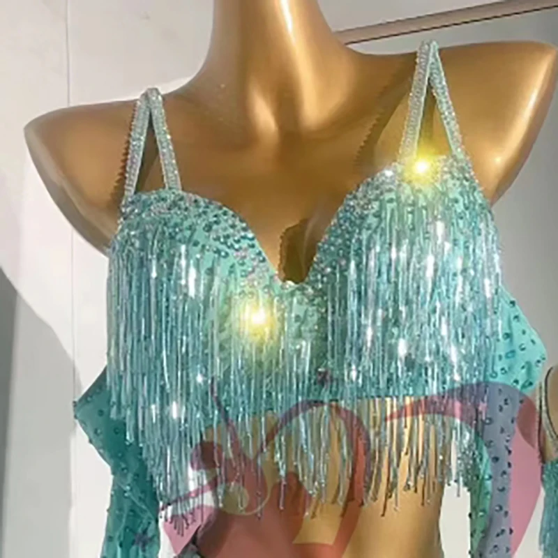 Latin Dance Dress High-end Customized Summer Limited Split Full Diamond Dance Dress Chacha Tango Stage Professional Clothing