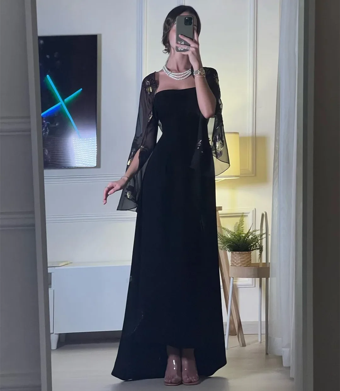 Saudi Arabia Evening Dresses Black Prom Dresses Printed Chiffon Long Sleeves Jackets Wedding Guest Dress for Women Special Party