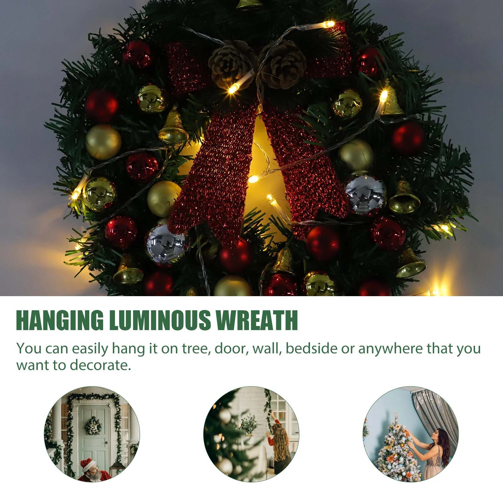 

1Pcs Red LED Christmas Wreath Light Decoration Door Pendant Creative Lighting Garland Xmas Party Decor Realistic Texture