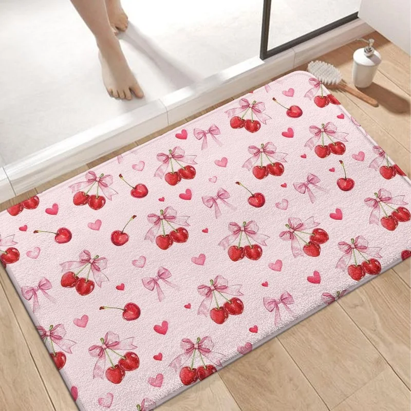 Strawberry Pattern Pink Door Mat Cute Floral Bowknot Entrance Rug Girly Home Decor Soft Non-Slip Welcome Carpet for Living Room