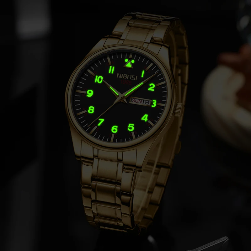 NIBOSI-reloj analógico de acero inoxidable para hombre, accesorio de pulsera de cuarzo resistente al agua con calendario semanal, complemento Masculino clásico de marca de lujo con diseño moderno