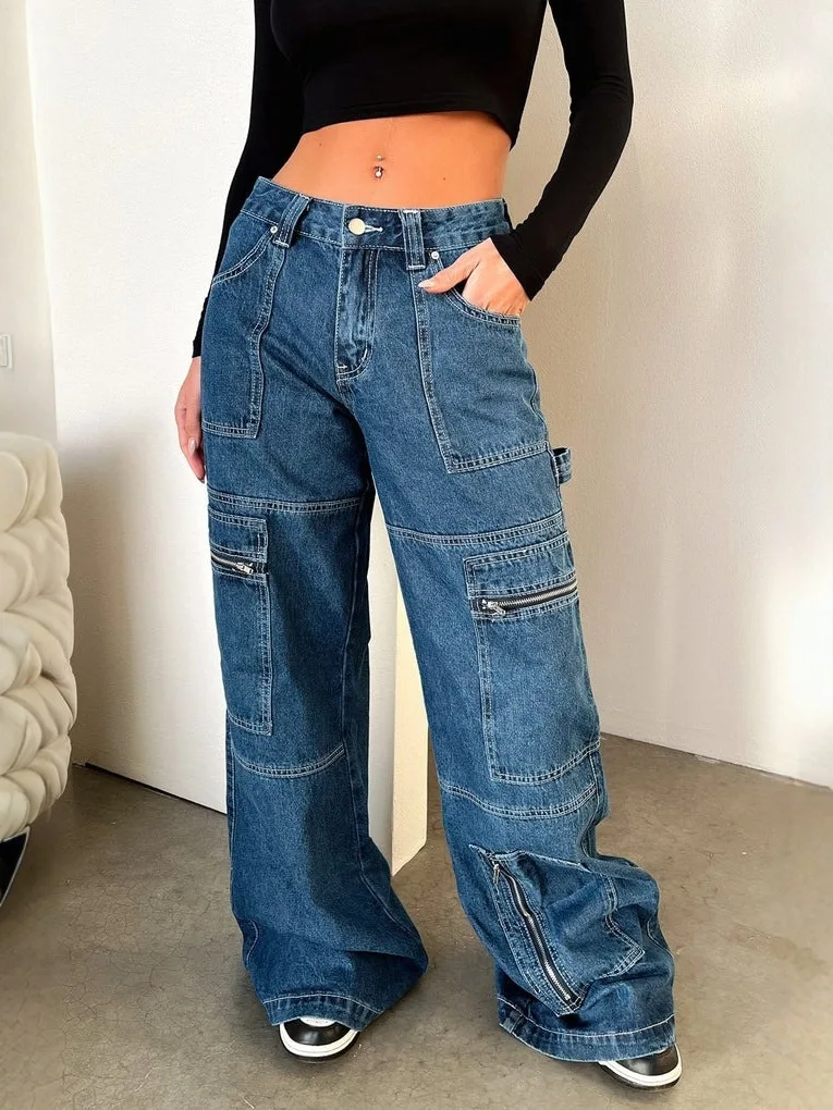 

Vintage High Waist Jeans Cargo Wide Leg Jeans Baggy Floor Length Denim Street Chic Girly Trousers For Women Casual Trendy