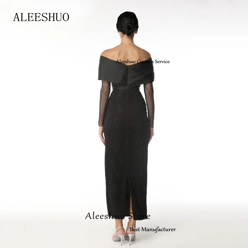 Aleeshuo Elegant Mermaid Evening Dresse Glitter Beaded Long Sleeveless Party Prom Backless Pleat Off The Shoulder Robe soirée