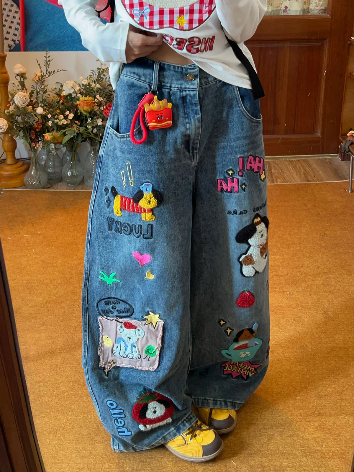 

Ретро-джинсы в американском стиле с вышивкой и пэчворком, женские, свободные, прямого кроя, длинные брюки, повседневная одежда, удобные для ежедневной носки