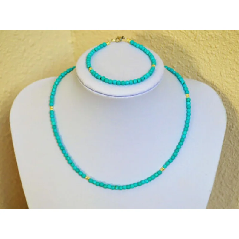 

2 Piece SET Natural Faceted Blue Turquoise Silver Necklace Bracelet Handmade
