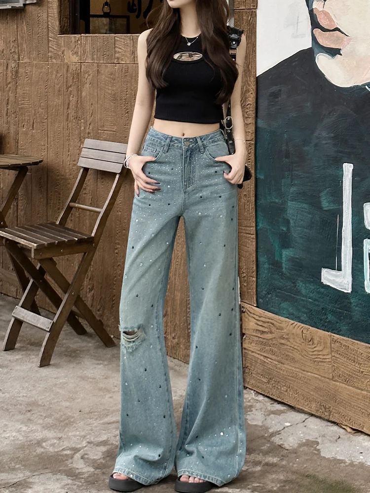 Pantalones vaqueros de pierna ancha con pierna recta y diamantes brillantes con agujero roto para mujer verano 2025, nuevos pantalones ligeramente ajustados de cintura alta