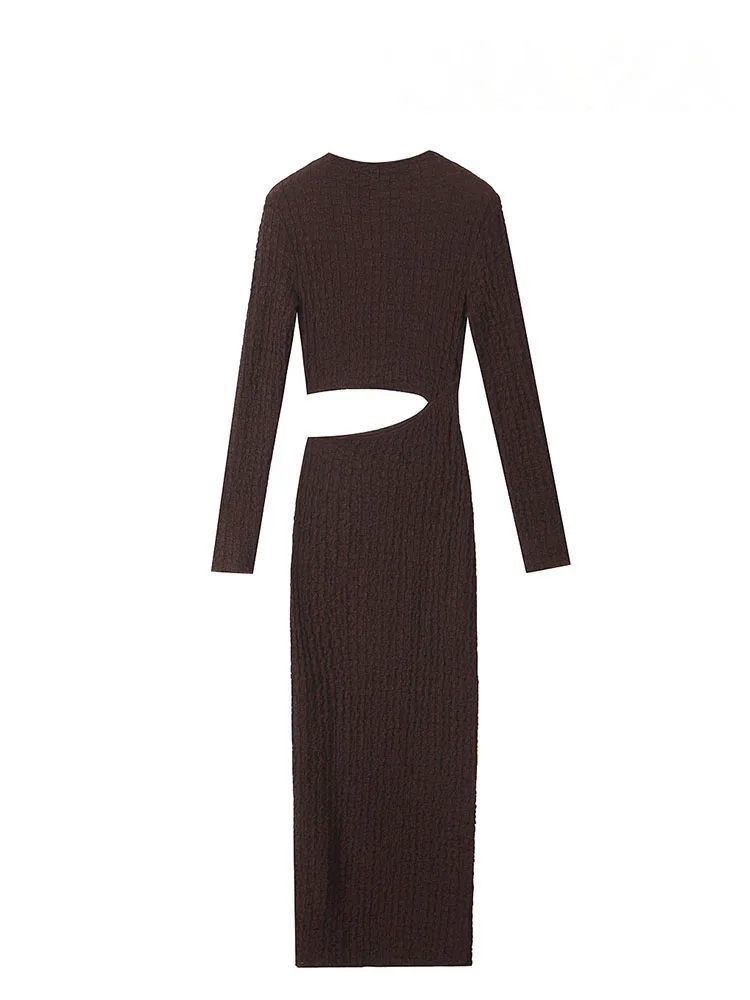 เดรสครอปผู้หญิง HH ดีไซน์หรูหรา เนื้อผ้ามีเท็กซ์เจอร์ ทรงเข้ารูป แขนยาว คอทรงโอ ผ้ายืดหยุ่น สไตล์มินิมอล สำหรับฤดูใบไม้ผลิ