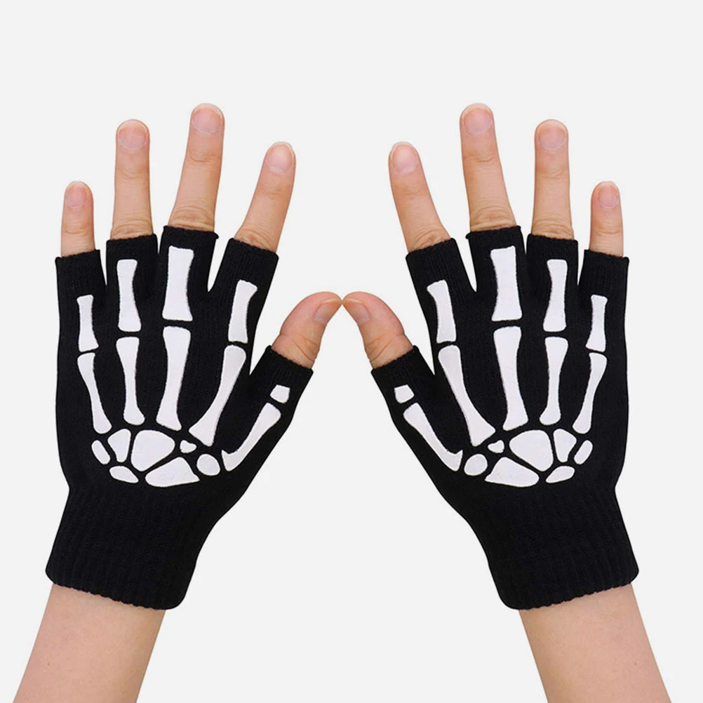 

2 Pairs Luminous Skull Gloves Halloween Accessories Decorations Black Fancy Costumes for Women Winter Warm Cool Cosplay Riding
