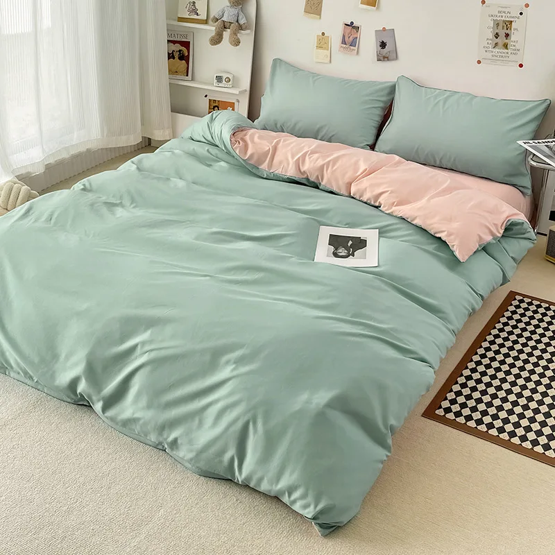 Simple Plain Home Textiles Water-washed Cotton Bedding Four-piece Set High Quality Duvet Cover Bed Sheet 2 Pieces Pillowcase