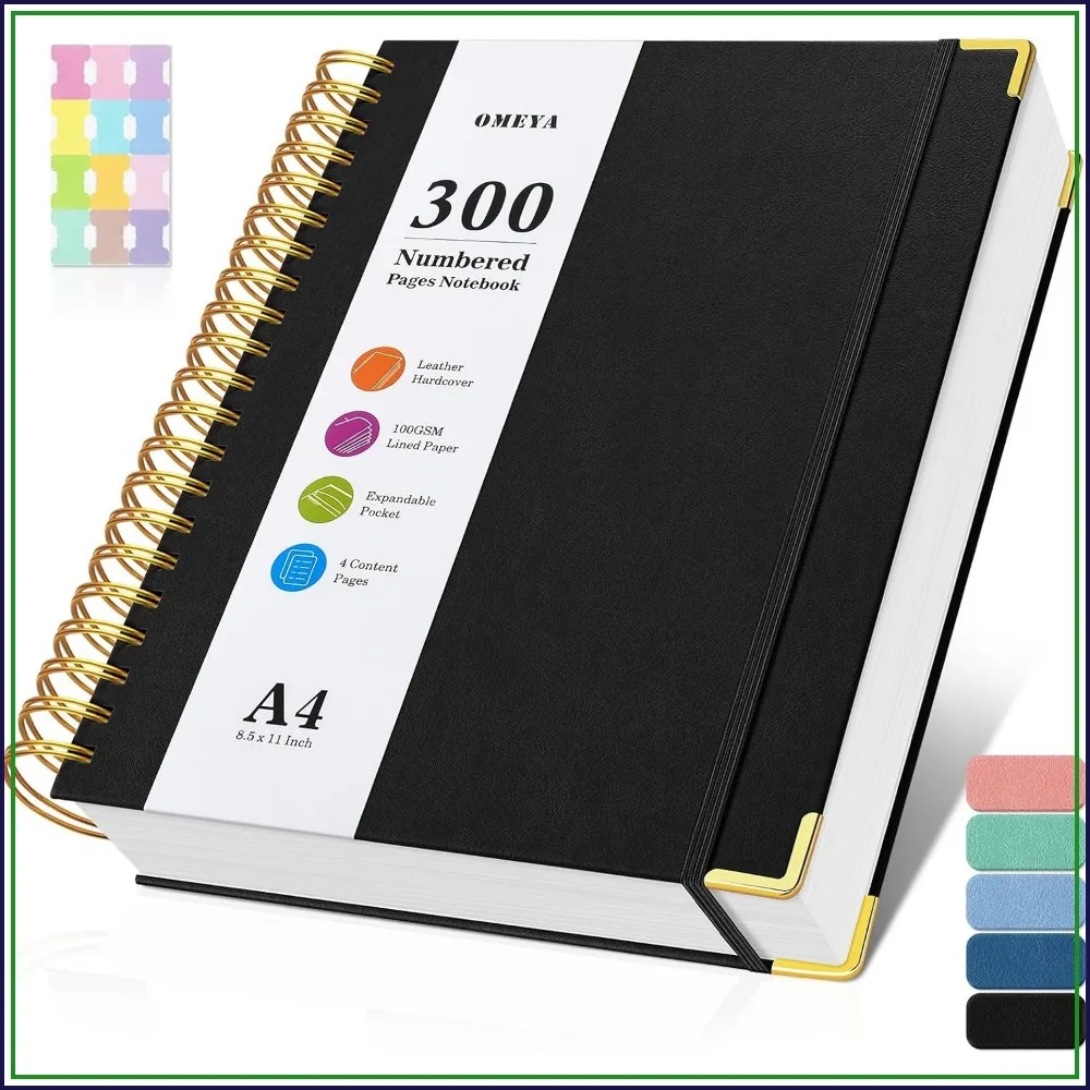 A4 Leather Spiral Notebook, 300 Numbered Pages, 100GSM No Bleed Paper, College Ruled, Hardcover Journal for Work School