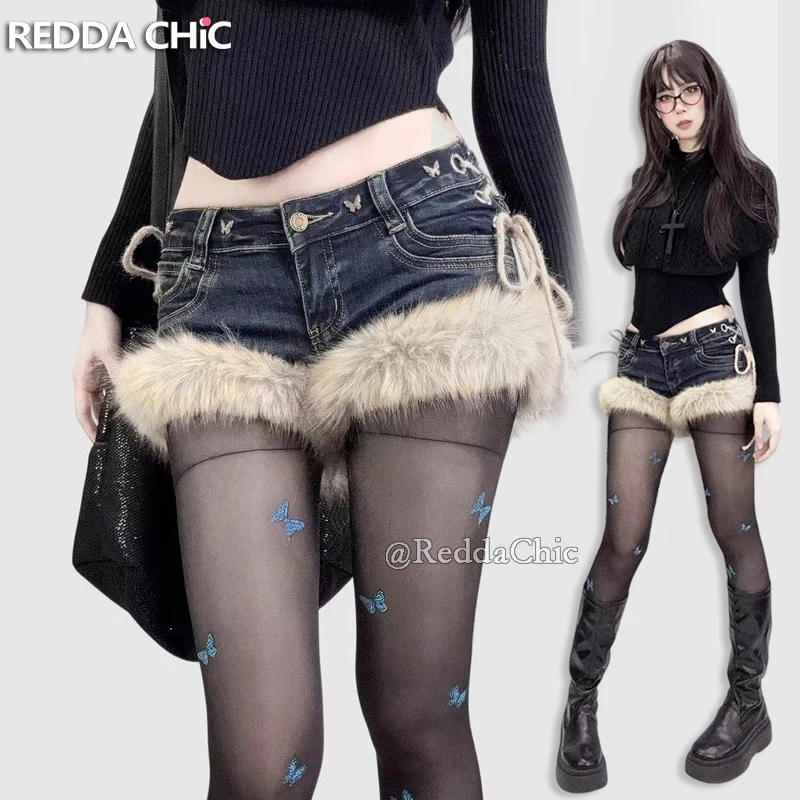 

REDDACHiC Gyaru Y2k Low Rise Jean Shorts Trendy Butterfly Rivets Hollow Lace-Up Furry Cuffs Denim Shorts Retro Hot Women Bottoms
