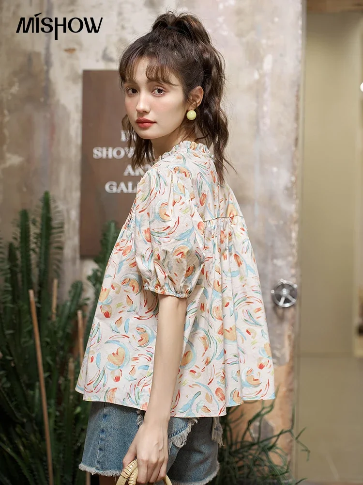 MISHOW Tulip Floral Blouse for Women Summer 100 Cotton Puff Sleeve Lace Edge Sweet Female Short Sleeve Loose Top MXC37X0034