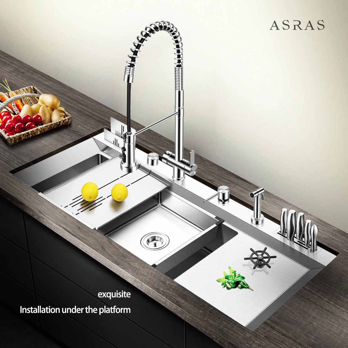 

ASRAS kitchen sink thickened 304 stainless steel large unit sink with built-in cup cleaning device