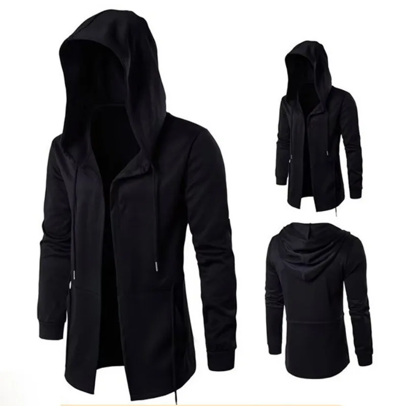 KIDWHXR Men Coat Autumn Streetwear Solid Hooded Trench Coat Man Slim Mid Length Long Sleeve Breathable Casual Male Outerwear