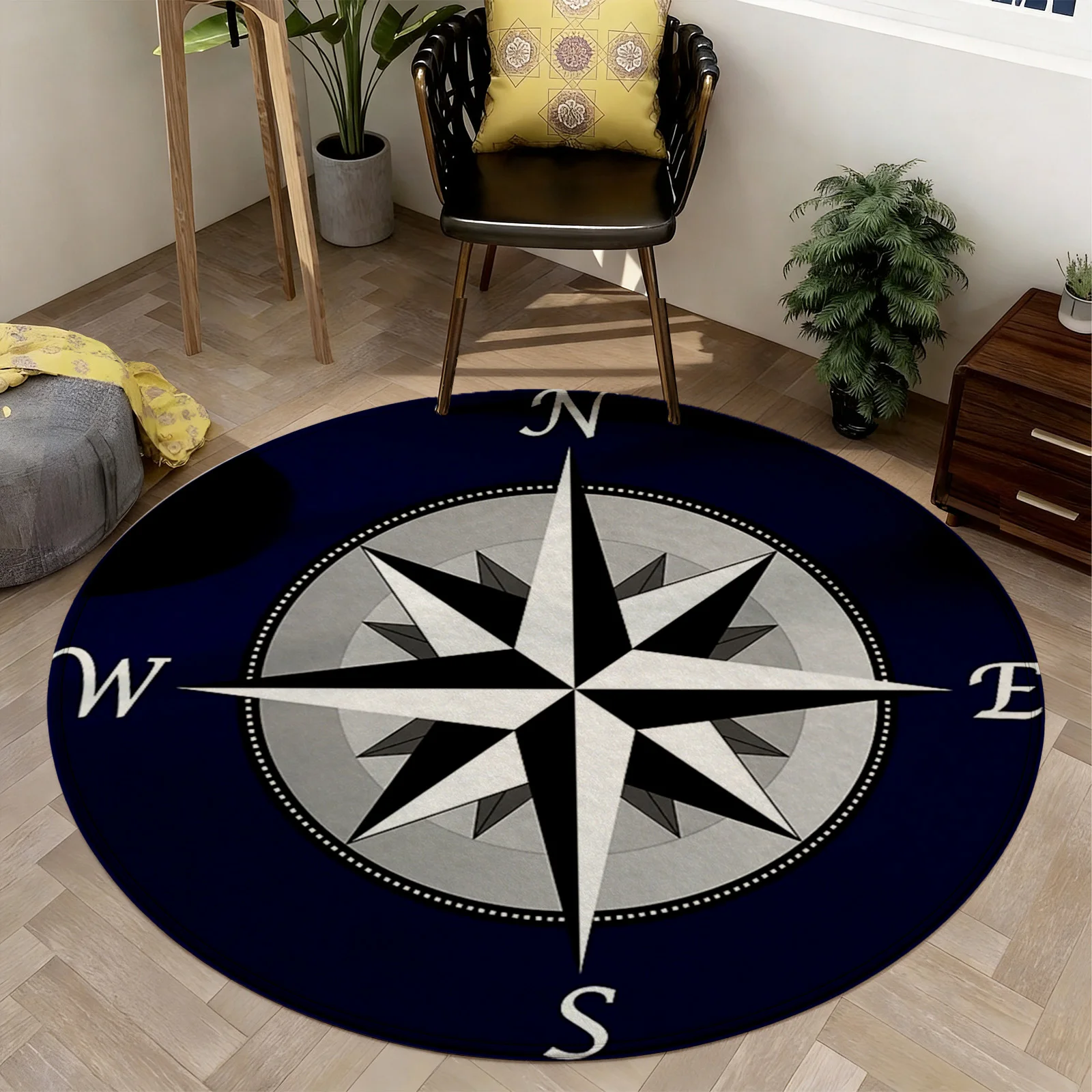 Navy Blue Round Compass Rose Area Rug Nautical Geometric Living Room Mat Decor for Modern Apartment Home Floor Cover
