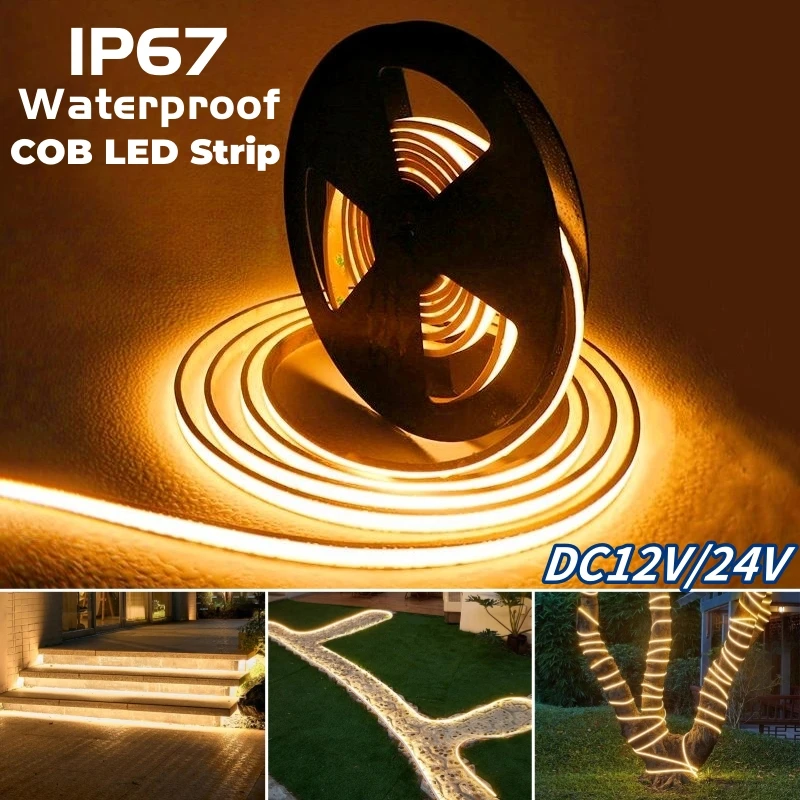 Tira de luces LED COB resistente al agua IP67, cinta Flexible para piscina, Sauna, habitación, cinta de neón de alta densidad, DC12V/24V, 480LED