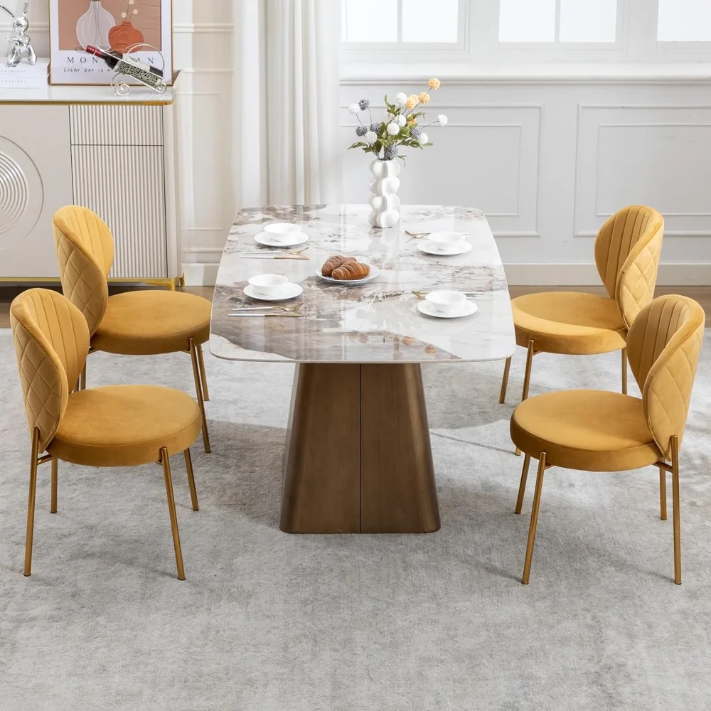 Dining Chairs Set of 4,Velvet Yellow Chairs,Modern Upholstered Vanity Chairs with Golden Metal Leg for Kitchen image 3
