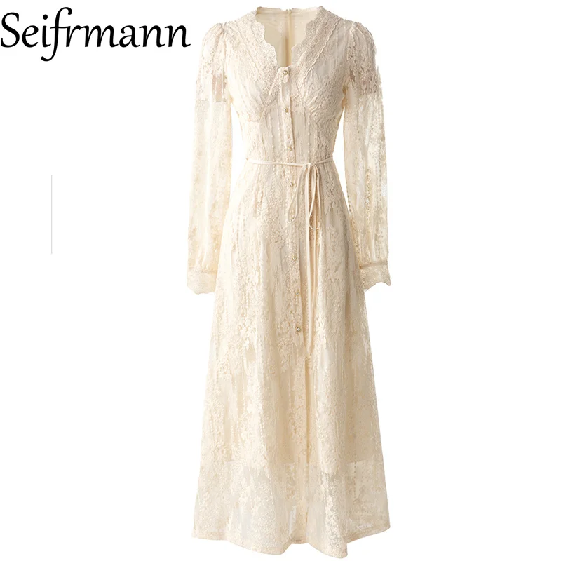 

Seifrmann 2026 Spring Women's New Fashion V-neck Long sleeved Lace Single breasted Drawstring Waist Dress