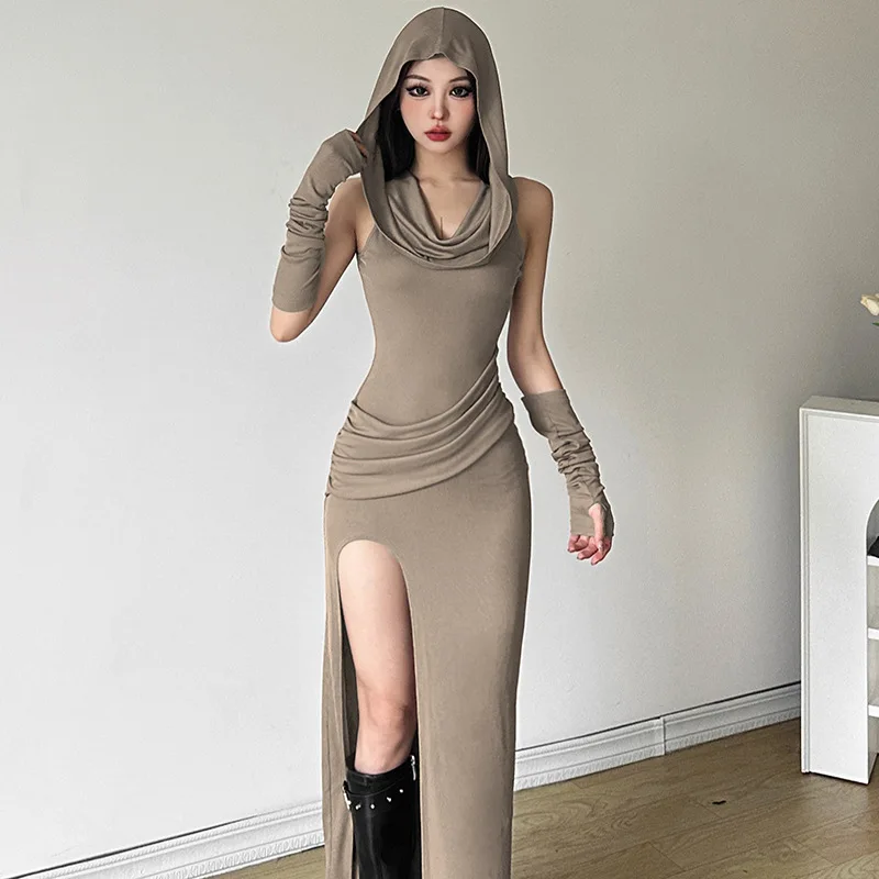 #4229 Khaki Sleeveless Hooded Long Dress Women Slim Asymmetrical Bodycon Dress Femme Gloves Slim Folds Streetwear 
