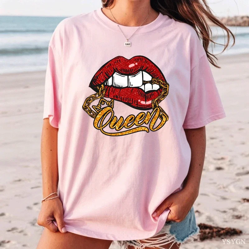 Constellation Queen Lip Print Women T Shirt Short Sleeve O Neck Loose Women Tshirt Ladies Fashion Tee Shirt Tops Camisetas Mujer