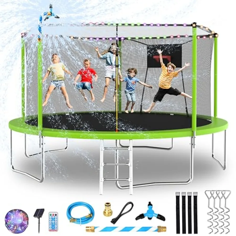 Outdoor trampoline for backyard use galvanized steel frame black with red accents upgraded safety enclosure and basketball hoop