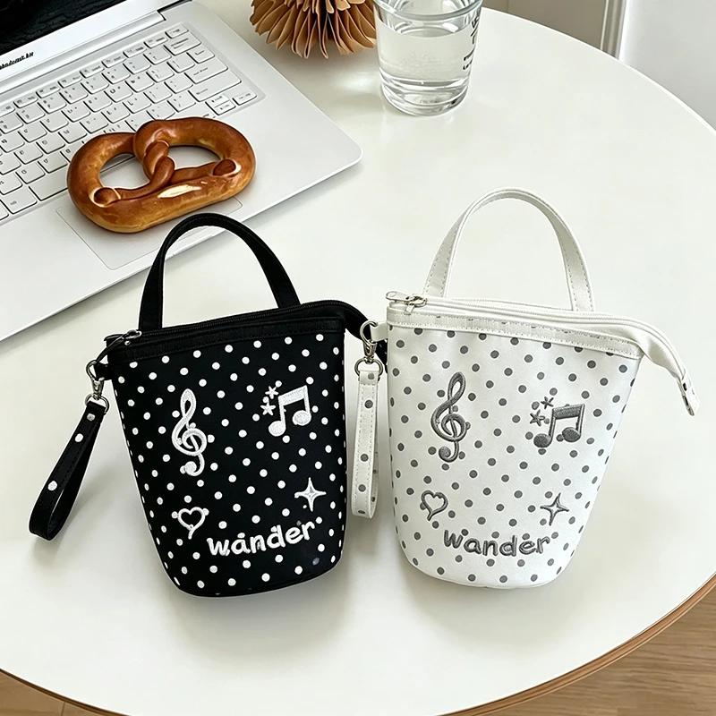 Cute Polka Dots Mini Wristlet Pouch Bag Musical Note Embroidery Zipper Cosmetic Bag Portable Small Women Handbag Coin Purse