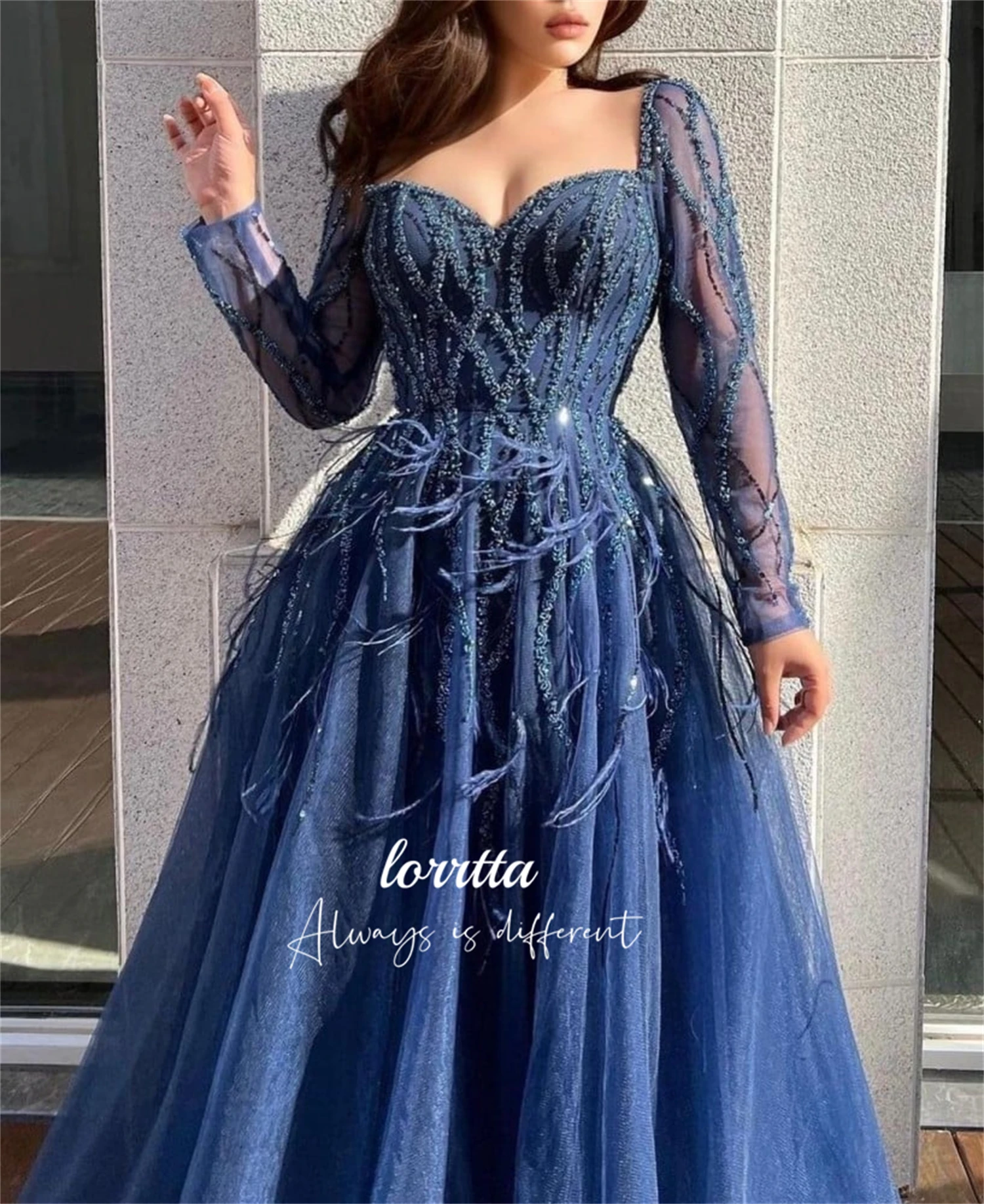 Glitter Decoration Feather Graduation Gown Navy Blue Evening Dress Luxurious Grace Customized Womens Dresses Women\'s Elegant