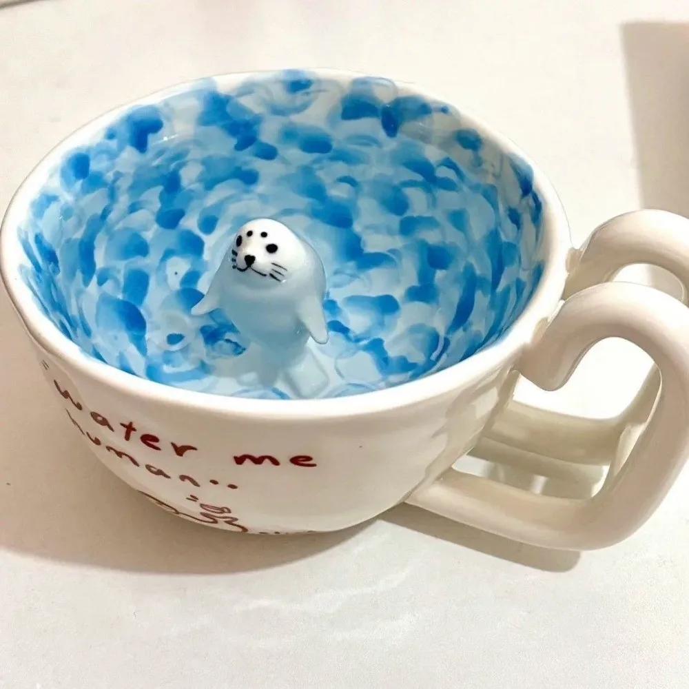 Cute Seal Swimming Pool Ceramic Mug 3D Figure Ceramic Coffee Cup Penguin Seal Milk Anime Themed Cup Gift For Coffee Lover