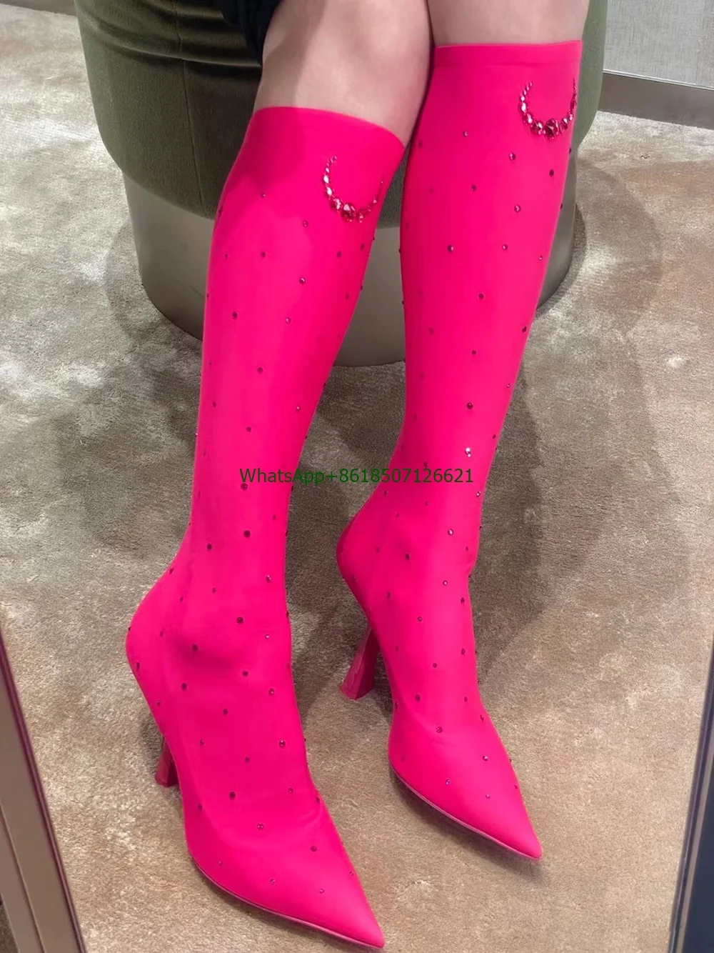 

2023 New Fashion Pointed High-Heeled Knee-Length Rhinestone Boots Catwalk Plus Size Women's Boots