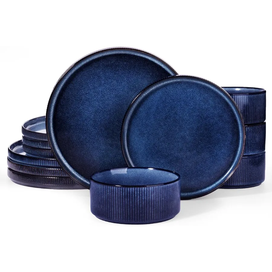 Star Dinnerware Sets Plates and Bowls Set for 4 12 Pieces Ribbed Dishes Chip and Scratch Resistant Microwave and Dishwasher Saf