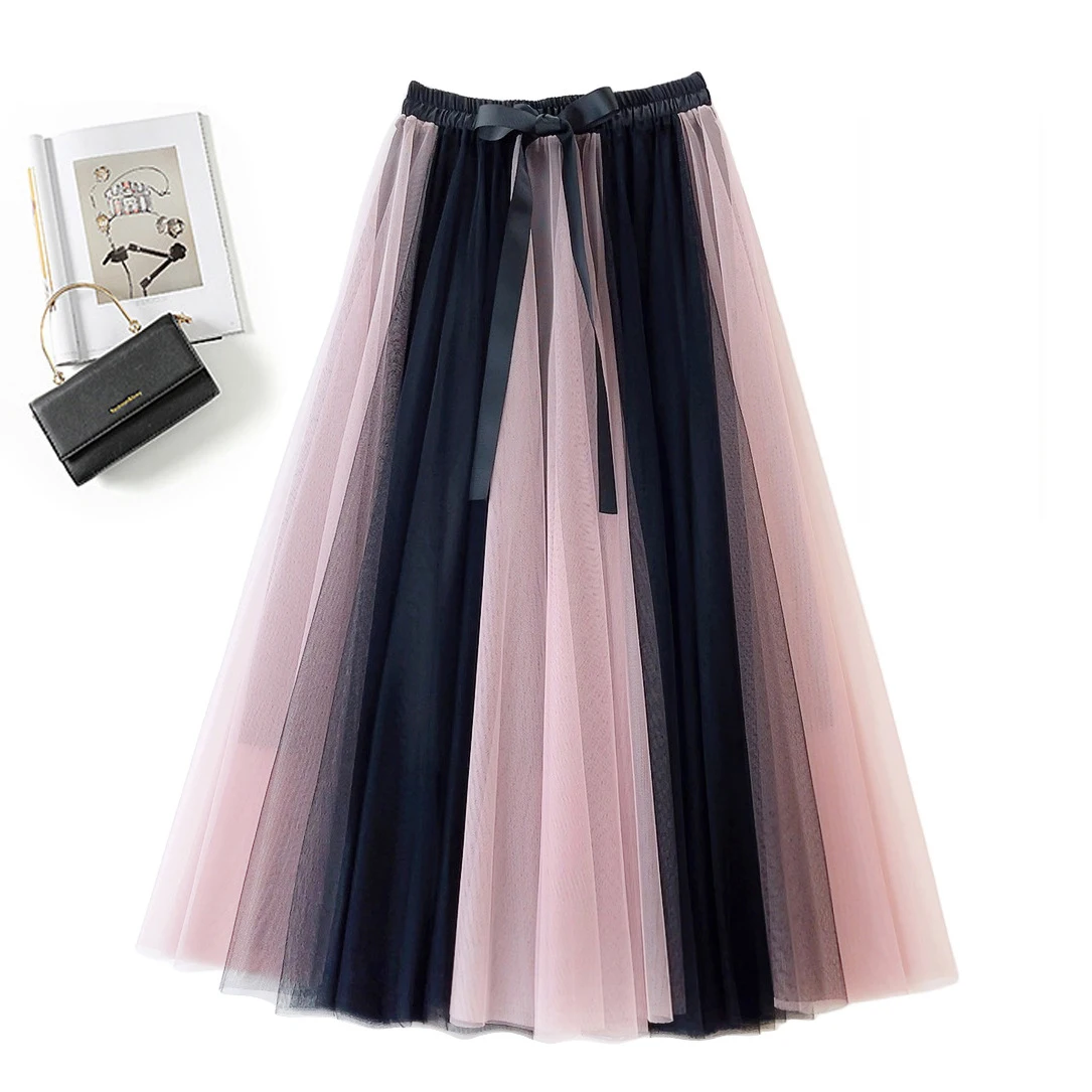 Korean Style Contrasting Mesh Skirt Elastic Waistband Bow Gentle Style Big Swing Skirt Fashionable Temperament Half Length Skirt