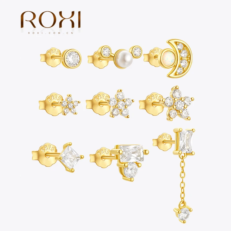 

ROXI 925 Sterling Silver Earring Set Flower/Moon/Pearl Zircon 3Pieces Earrings Set For Women Piercing Wedding Party Jewelry Gift