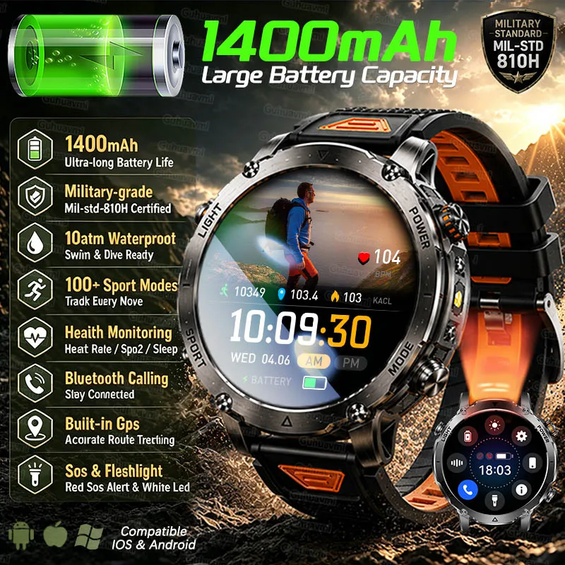 Military Smart Watches Men 1400mAh Battery 1.7 inch AMOLED Sport GPS Track Bluetooth Call Rate Smart Watch For Android IOS 2026