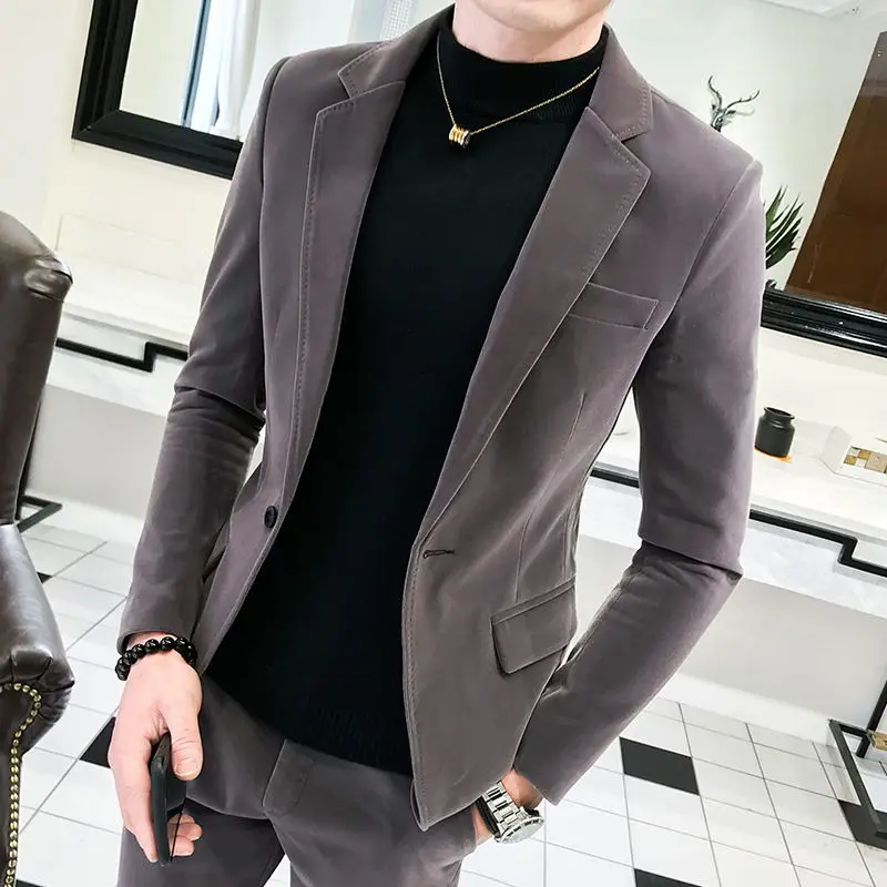 2023 High Quality Large Size  Blazer Men\'s Fashion Business Korean Casual Gentleman Velvet Slim Solid Color Golden Velvet Host