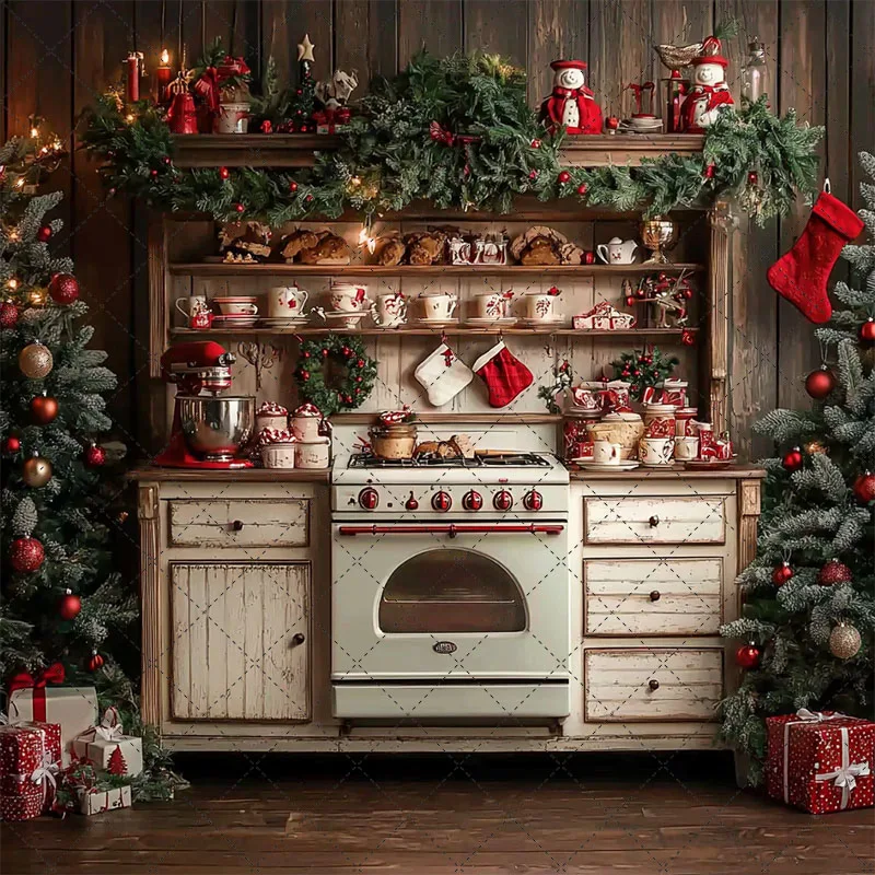 Mehofond عيد الميلاد خمر المطبخ التصوير خلفية الأسرة مهرجان حفلة خشبية العتيقة خزانة الخبز الكوكيز ديكور الخلفية