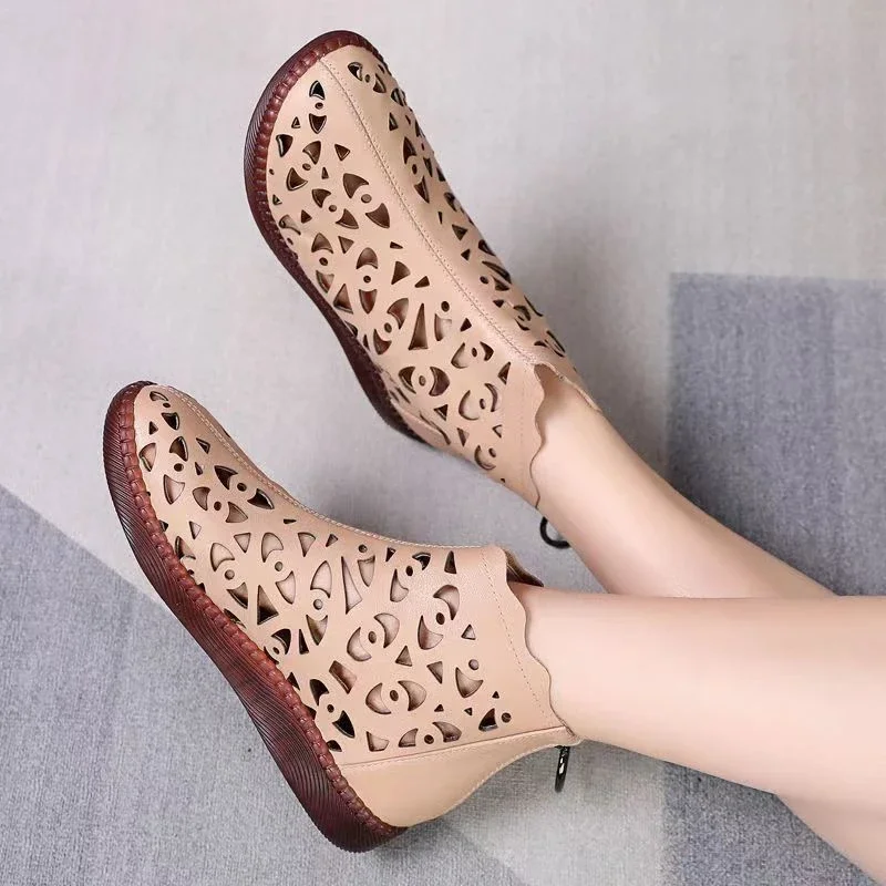 2023 Spring Summer Genuine Leather Sandals Women\'s Breathable Hole Boots Flat Soft Non-slip Comfortable Shoes Sandalias De Mujer