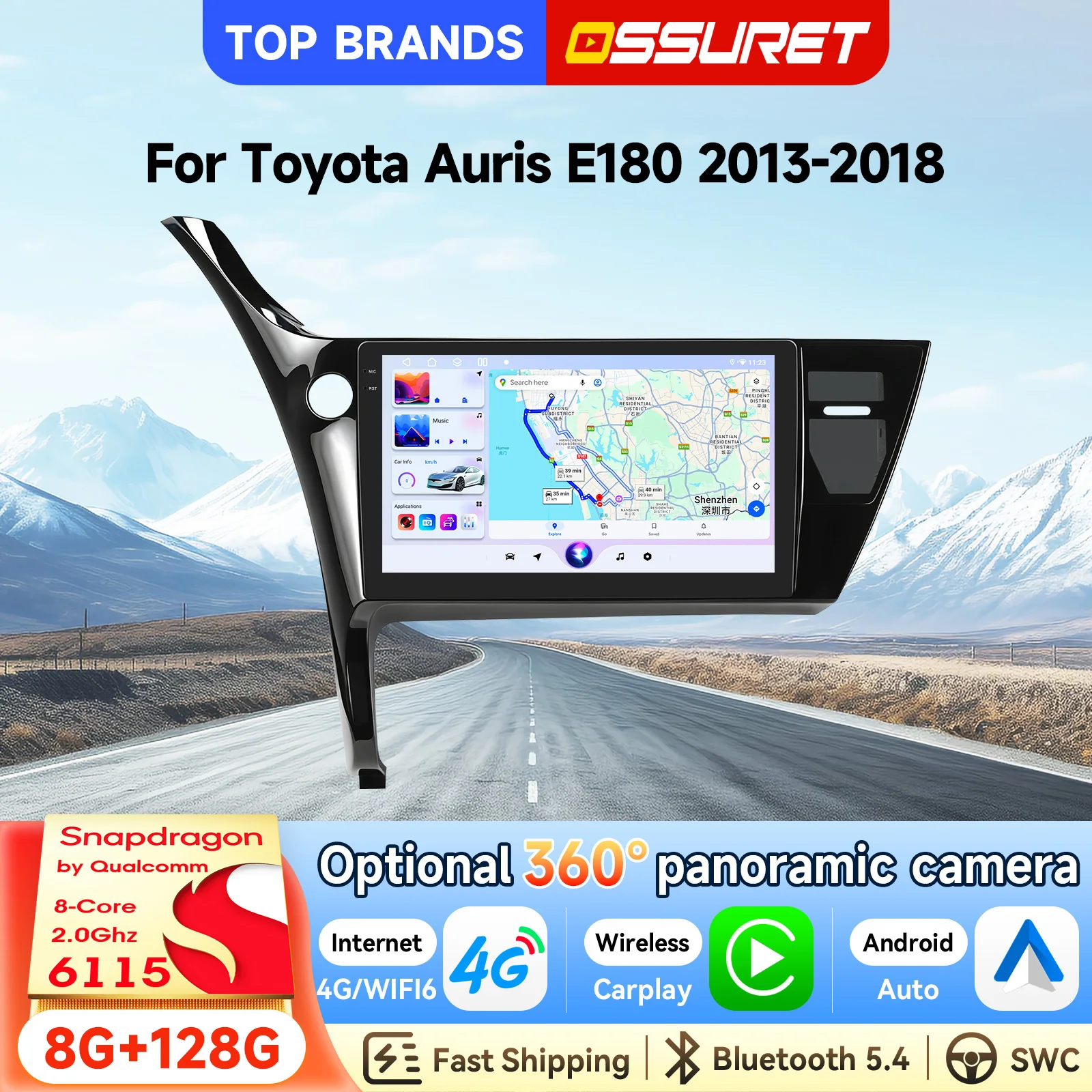 OSSURET, autoradio Android 15 da 10,1 pollici, modello 2 Din, per Toyota Auris E180 (2013-2018), con guida a sinistra, processore Qualcomm Snapdragon 6115, navigazione GPS, controllo tramite comandi