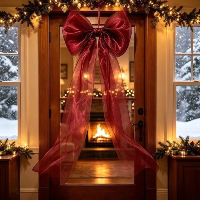 100cm 150cm Giant Burgundy Sheer Organza Bow Set, Artisanal Multi‑Layer Ribbon Bows, Winter Xmas Decorations for Tree Summit, Ya