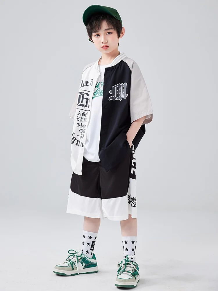 Sommer Mode Kinder Hip Hop Dance Kostüm Kurzarm Baseball Jacke Schwarze Hosen Street Dance Outfit Mädchen Jazz Tragen BL10718